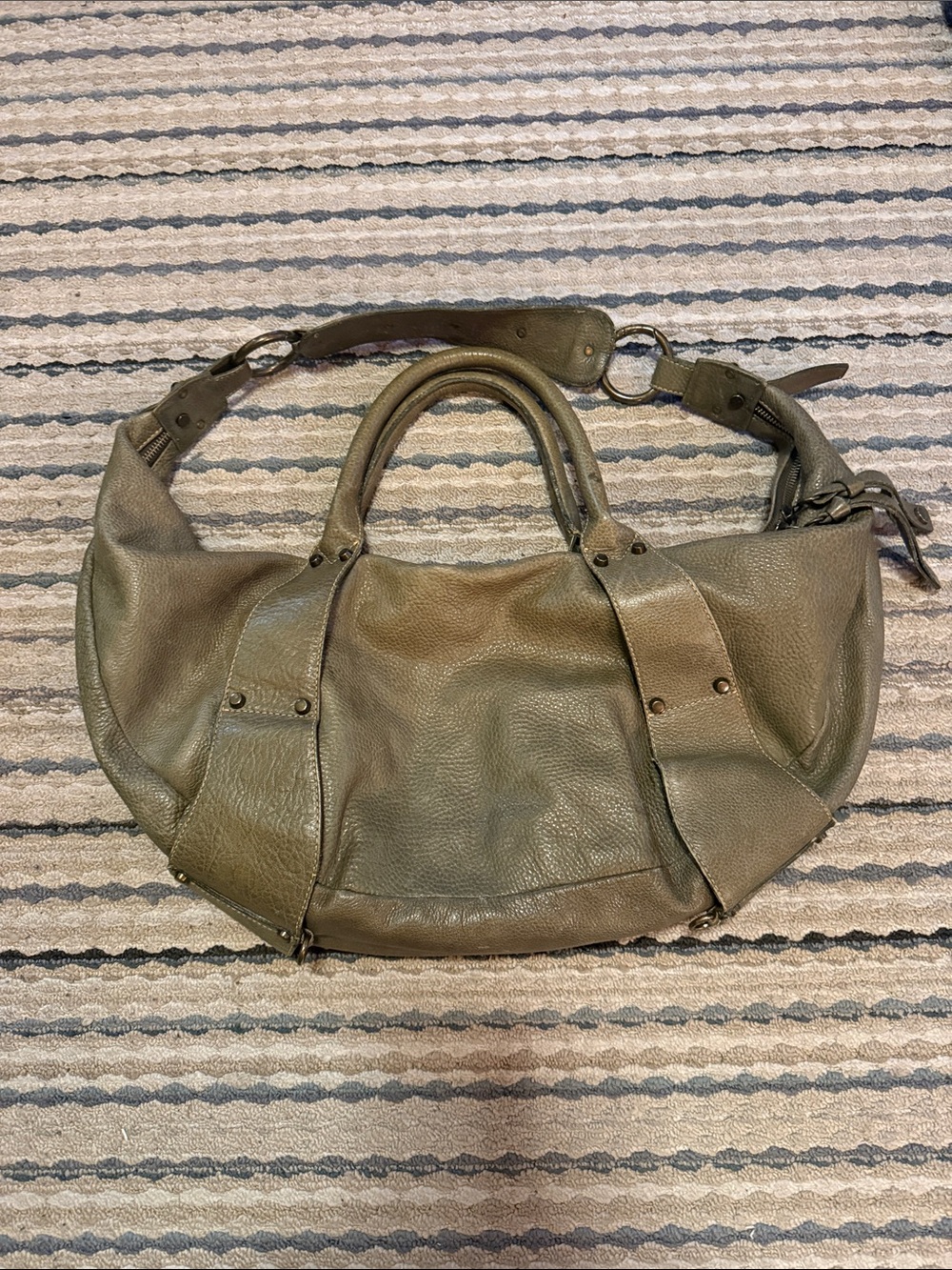 Olive Green Leather Shoulder Tote with Top Handles